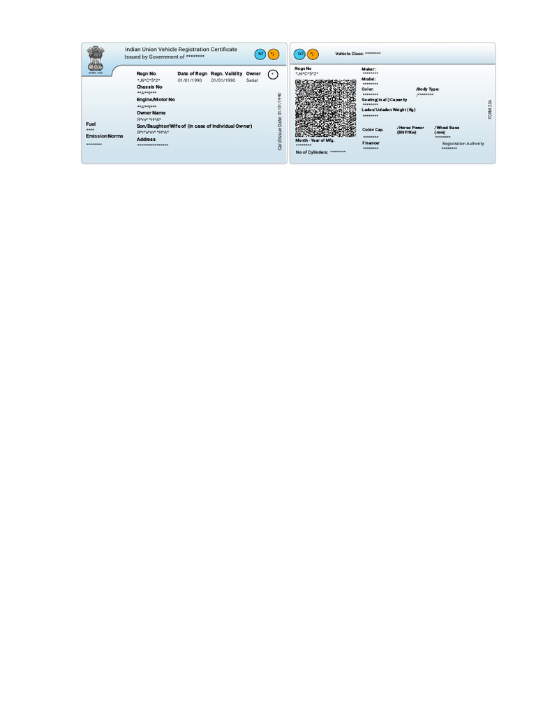 Indian Union Vehicle Registration Sample | PDF | Vehicles | Motor Vehicle