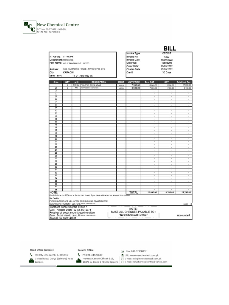 Helix Pharma Invoice for Chemicals | PDF
