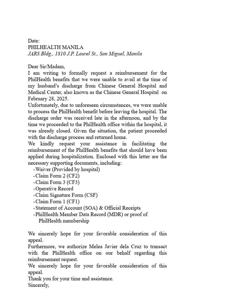 PhilHealth Reimbursement Request Letter | PDF | Health Care | Social ...