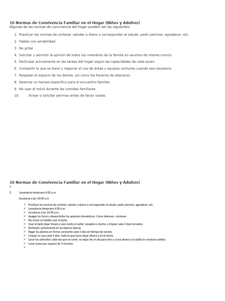 10 Normas de Convivencia Familiar en el Hogar | PDF