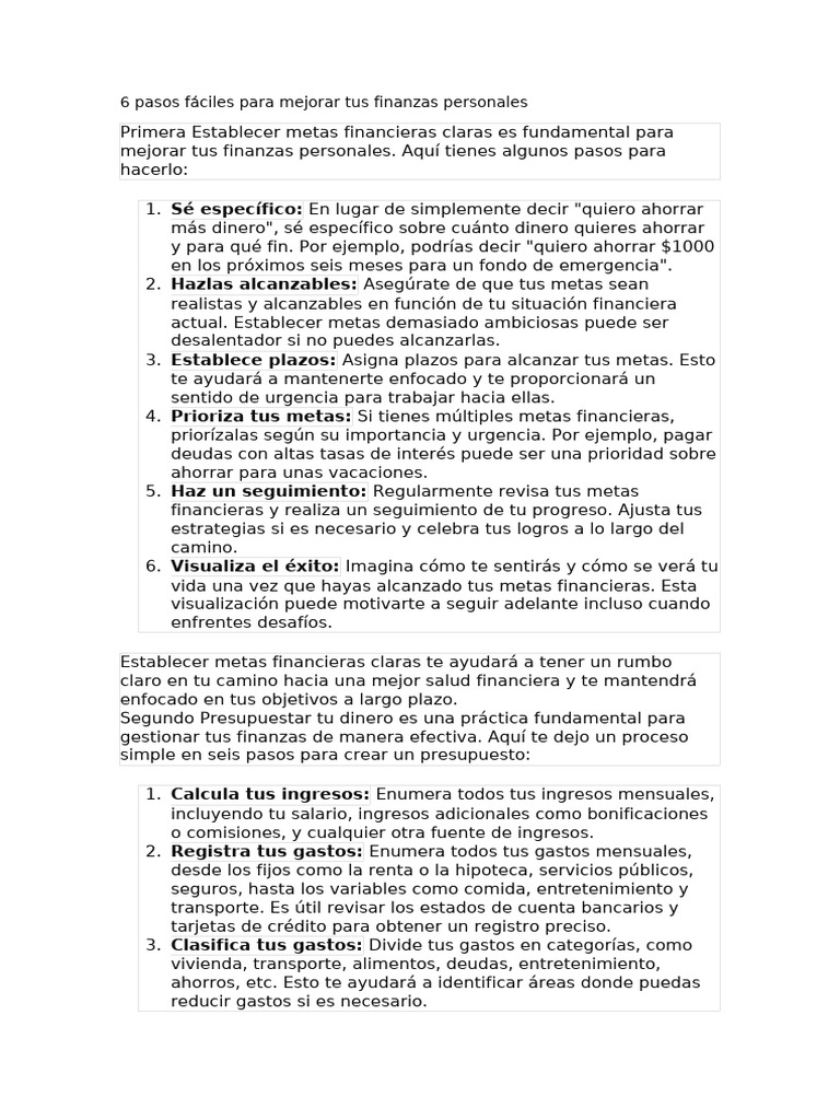 Mejora tus finanzas personales en 6 pasos | PDF | Finanzas personales ...