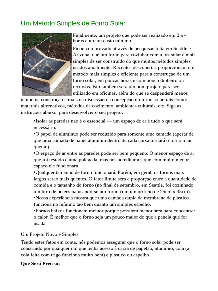 Como Construir um Forno Solar Simples | PDF