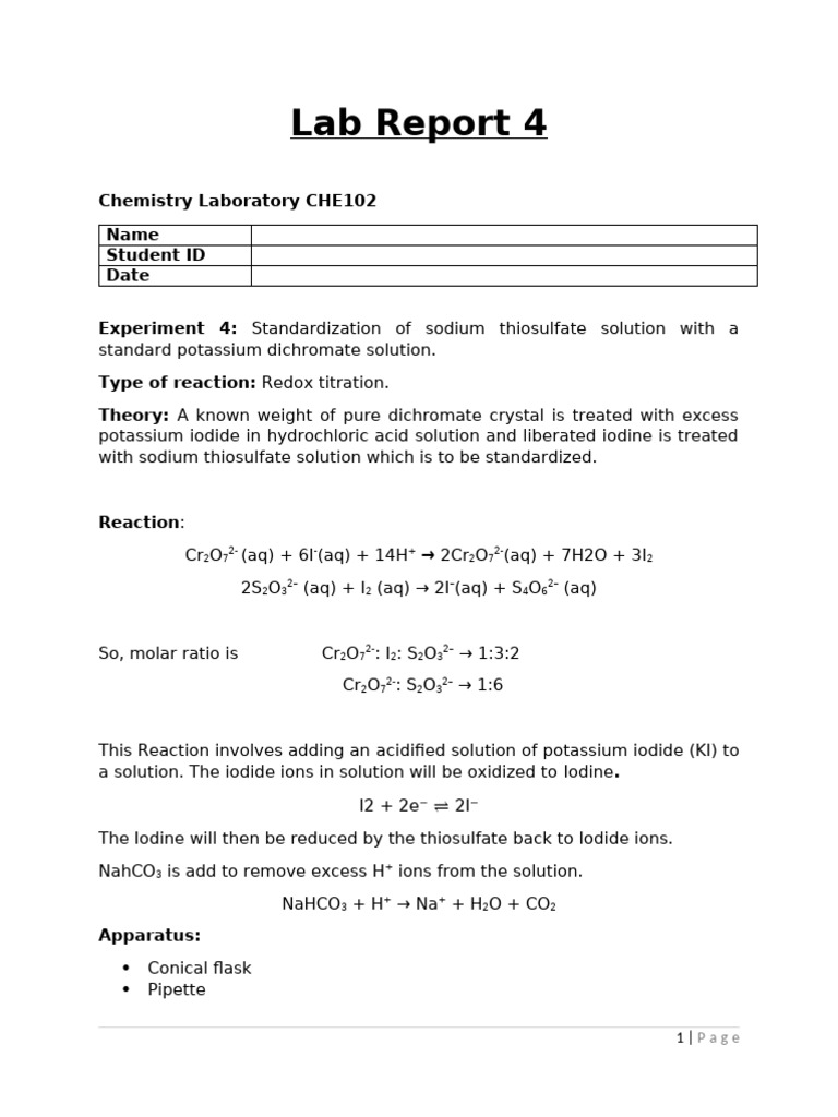Standardization of Sodium Thiosulfate | PDF | Titration | Chemistry