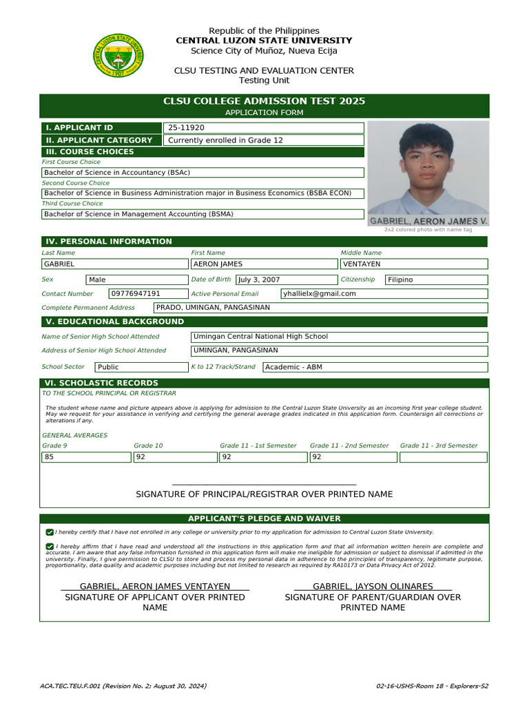 2025 CLSU College Admission Test - Application Form and Test Permit | PDF