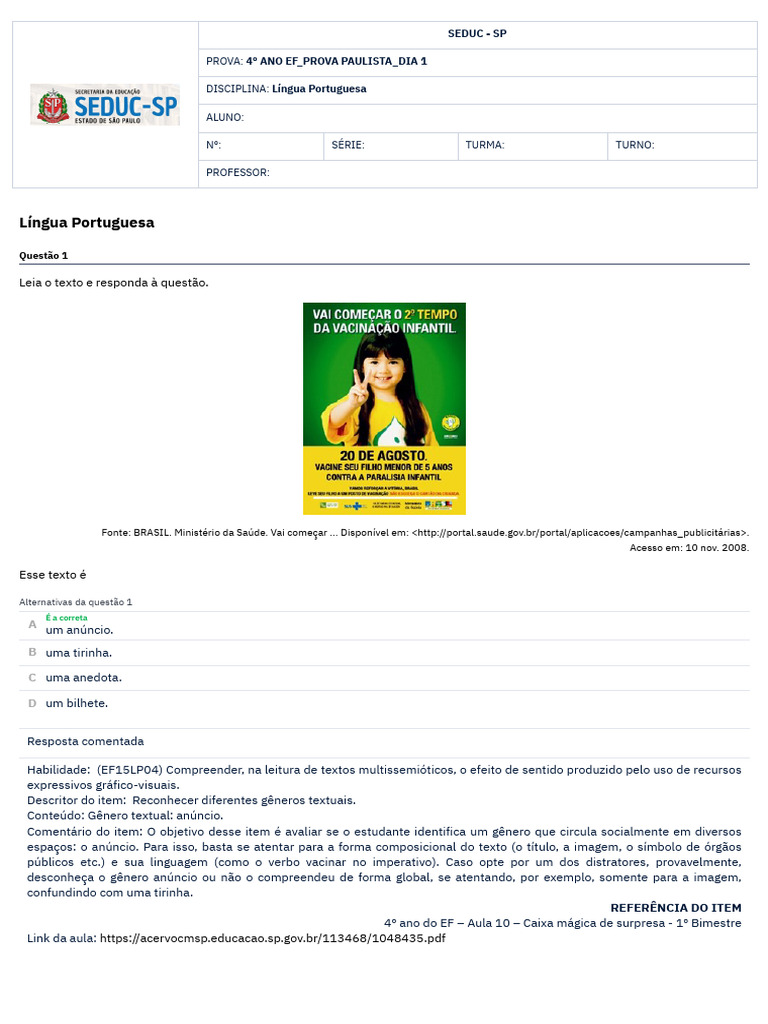 Prova de Língua Portuguesa 4º Ano | PDF