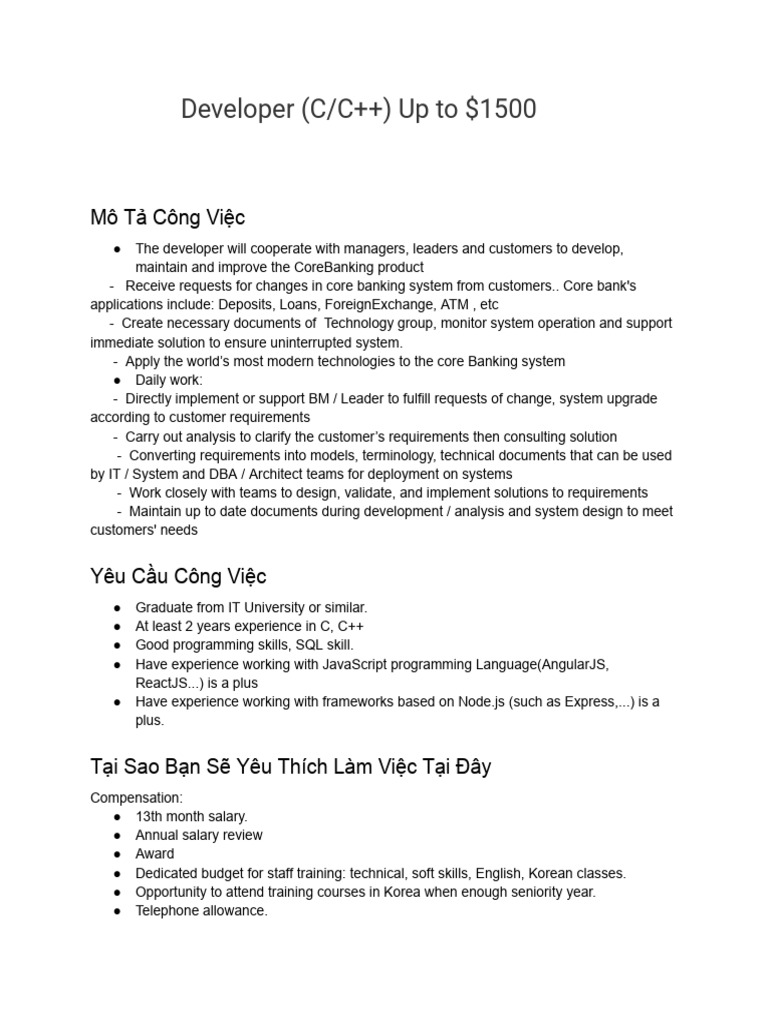 C/C++ Developer Role in Core Banking | PDF