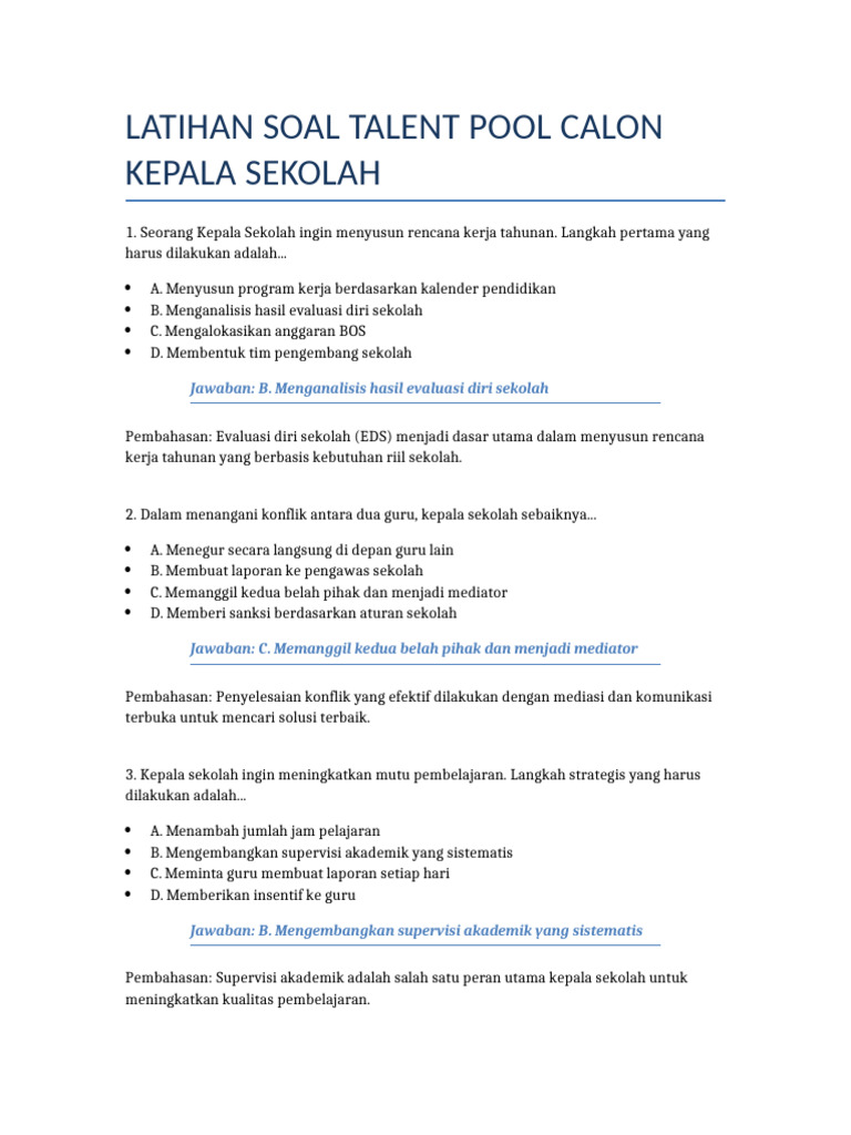 Contoh Soal Talent Pool Kepala Sekolah | PDF