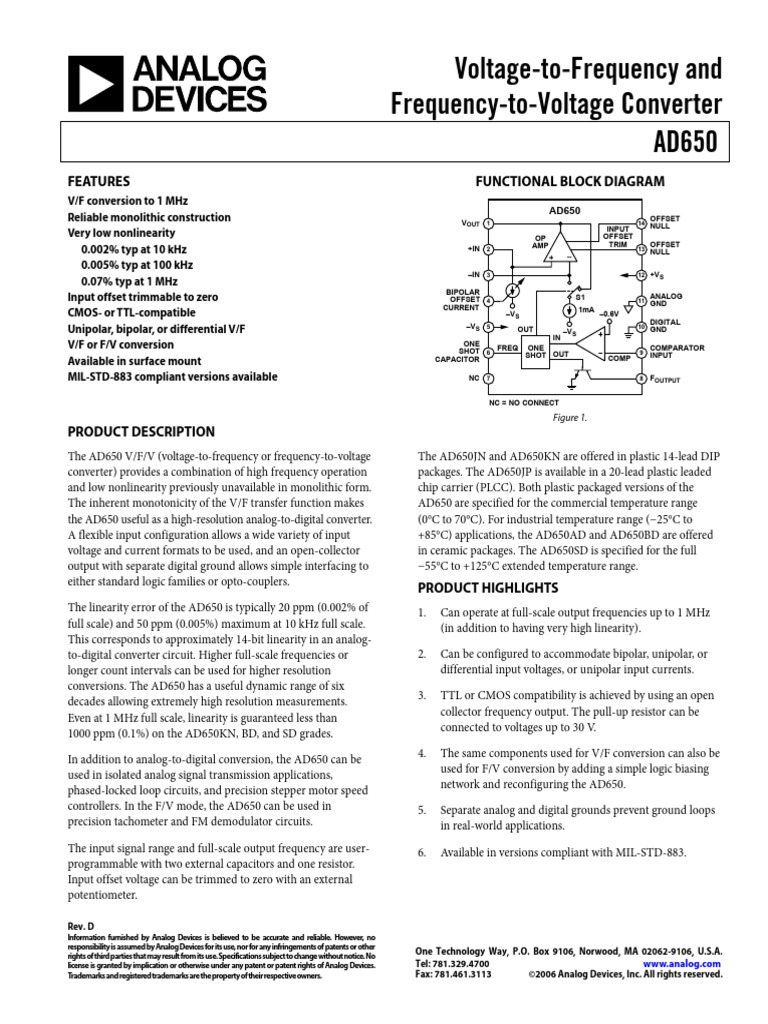 AD650 Voltage-Frequency Converter | PDF | Operational Amplifier | Amplifier