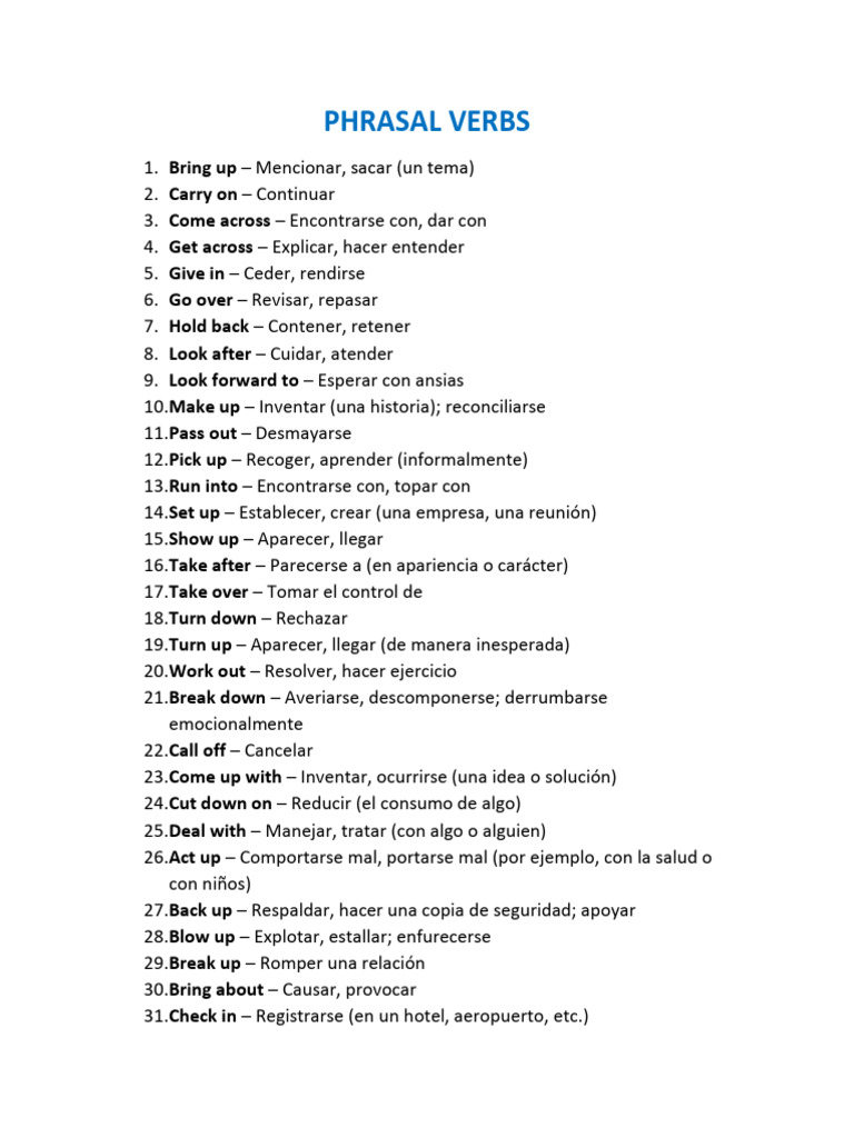 Lista de Phrasal Verbs en Inglés y Español | PDF