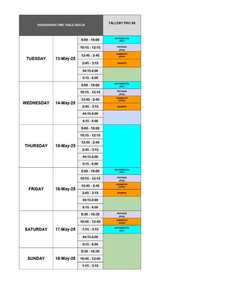 TP Time Table For Next Week-2 | PDF