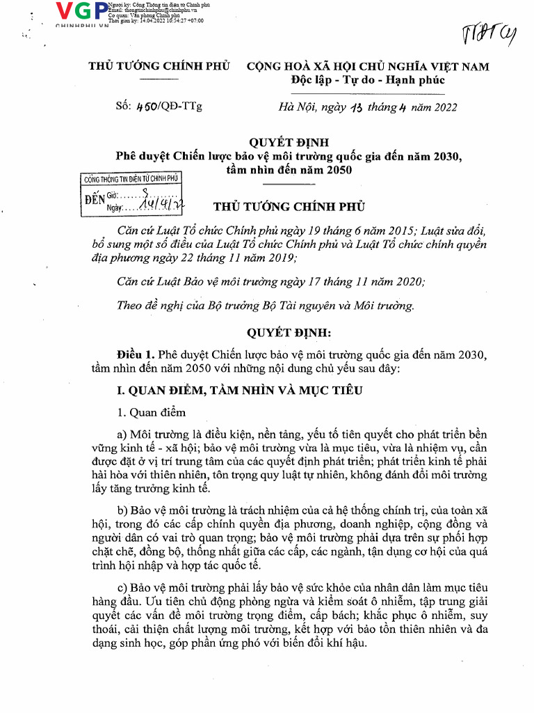 QĐ 450 TTg Chiến Lược BVMT Quốc Gia Đến 2030, Tầm Nhìn 2050 | PDF