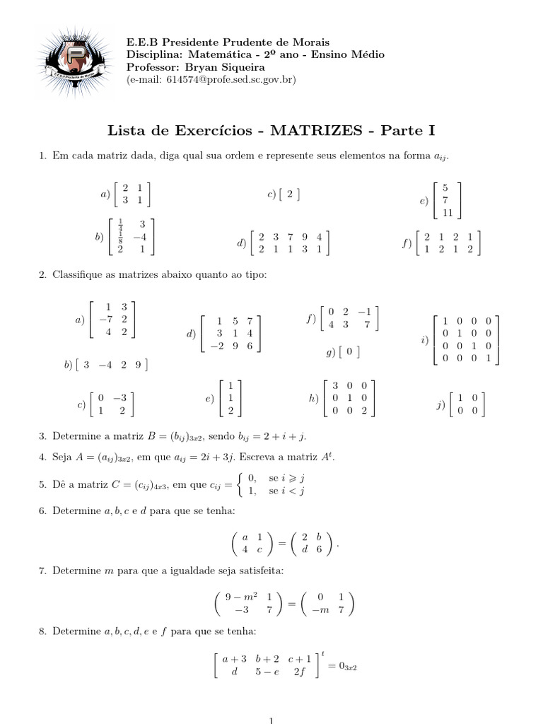 Exercícios de Matrizes para 2º Ano | PDF | Matemática | Teoria da Matrix