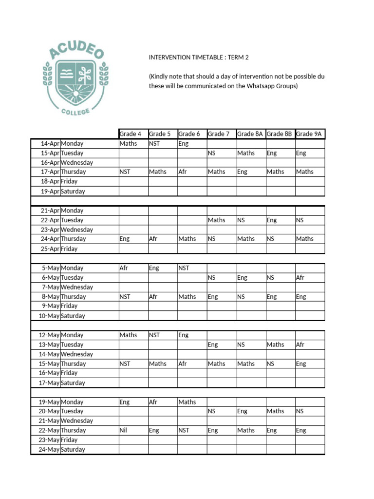 Term 2 Intervention Timetable 2023 | PDF