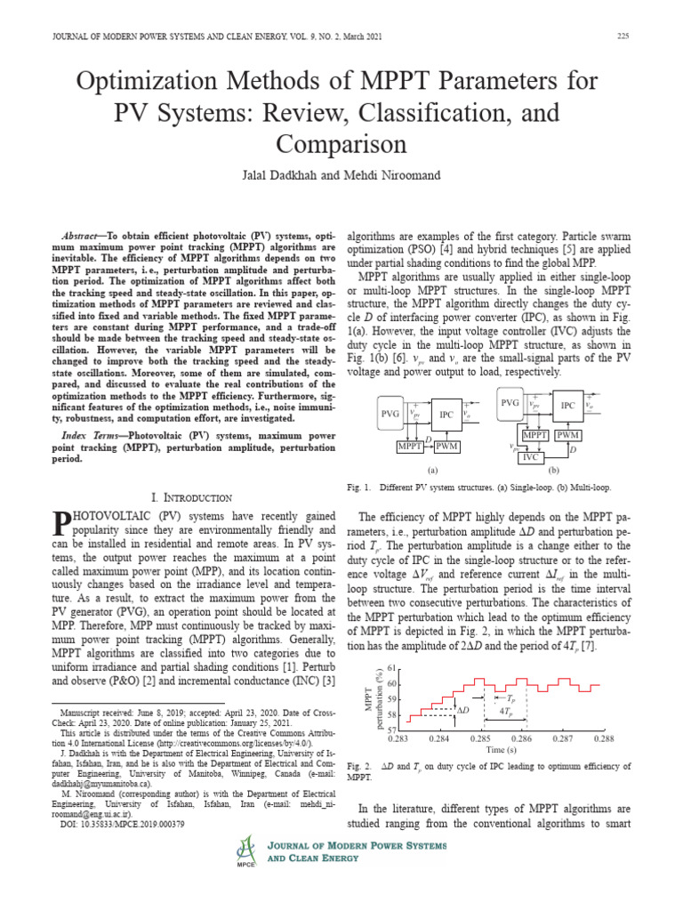 Optimization Methods of MPPT Parameters For PV Systems Review ...