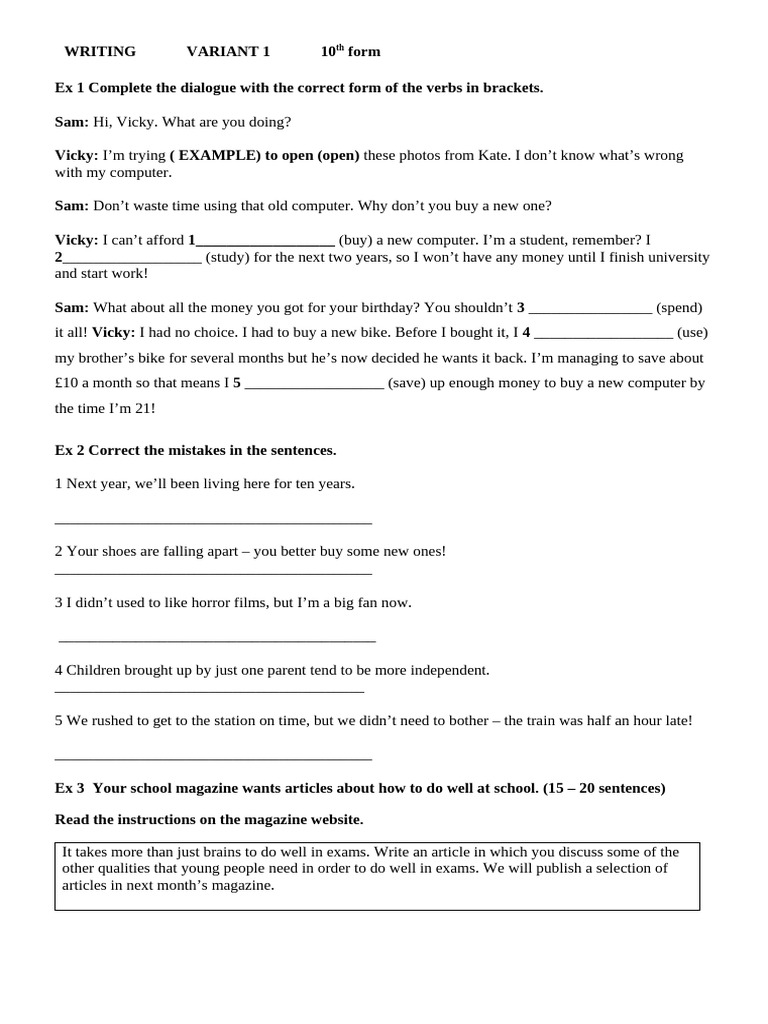 WRITING VARIANT 1 10th Form | PDF