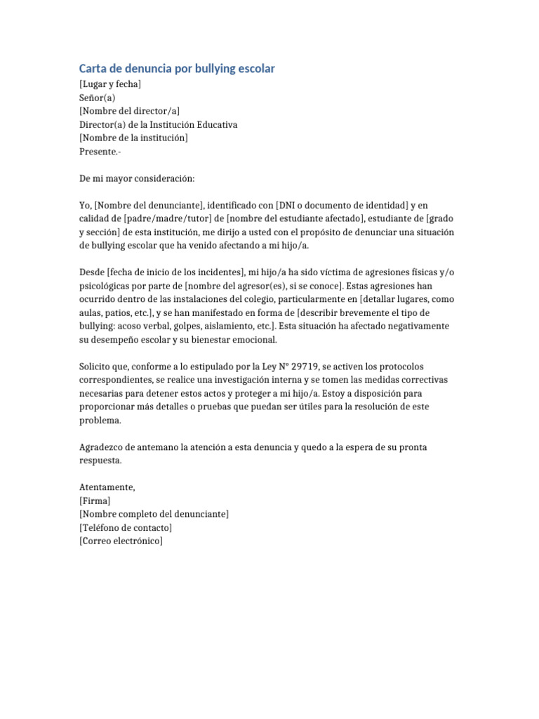 Carta de Denuncia por Bullying Escolar | PDF | Agresión | Escuelas