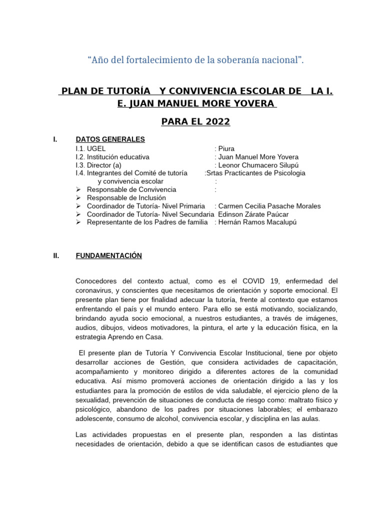 Plan de Tutoría y Convivencia 2022 | PDF | Maestros | Las emociones