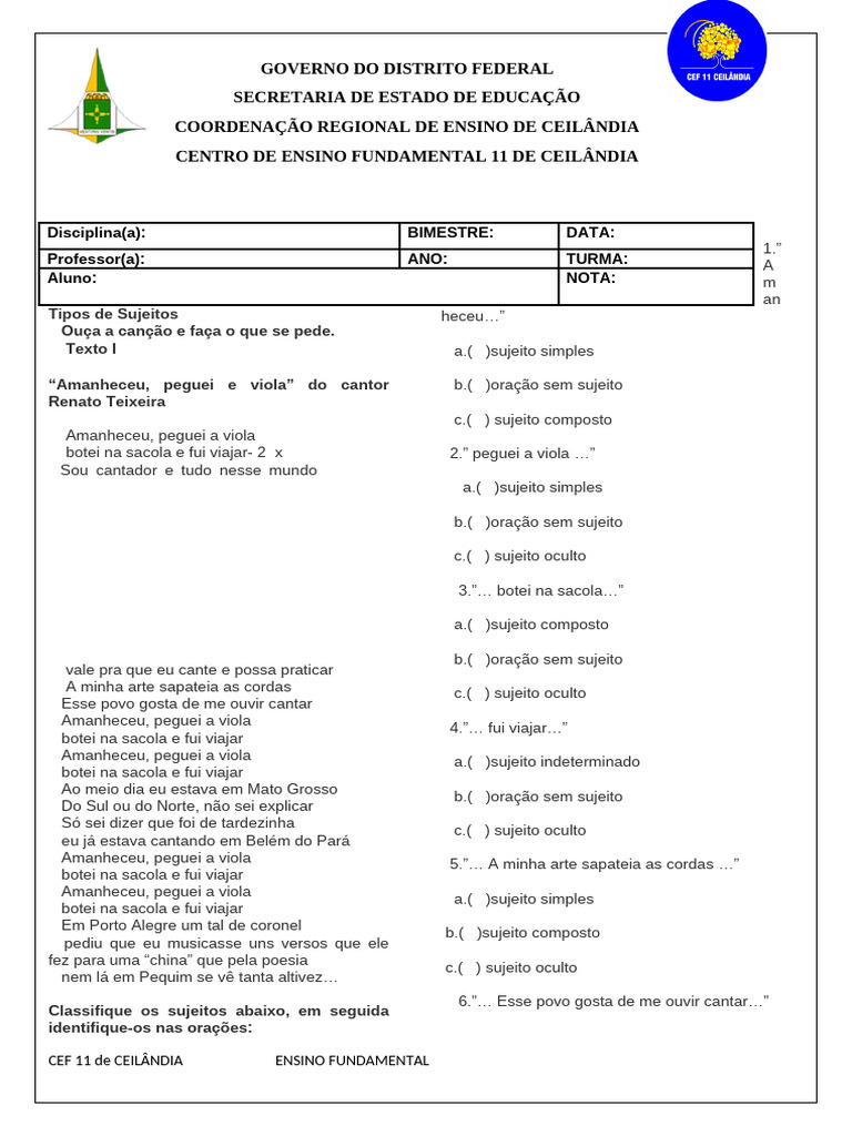 Tipos de Sujeito na Língua Portuguesa | PDF | Assunto (gramática) | Sintaxe