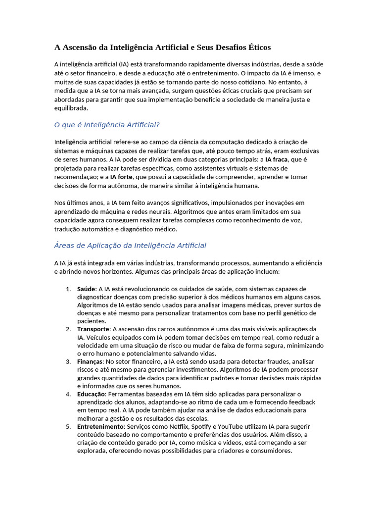 A Ascensão Da Inteligência Artificial e Seus Desafios Éticos | PDF ...