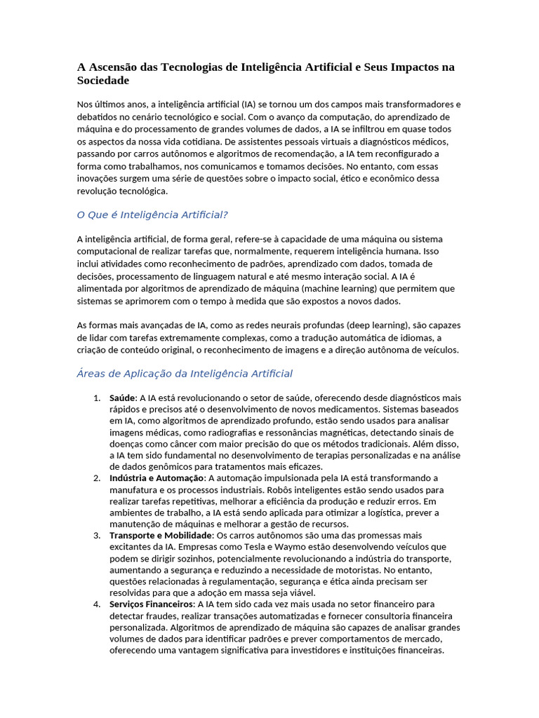 Impactos da Inteligência Artificial na Sociedade | PDF | Inteligência ...