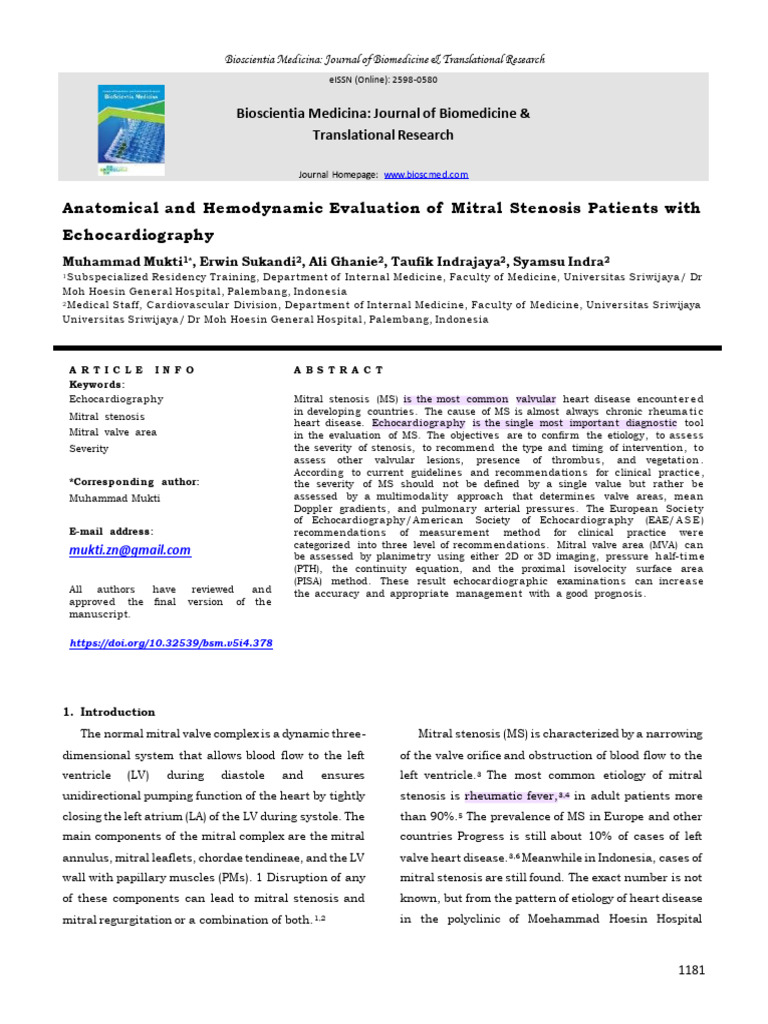Echocardiographic Evaluation of Mitral Stenosis | PDF | Heart Valve ...