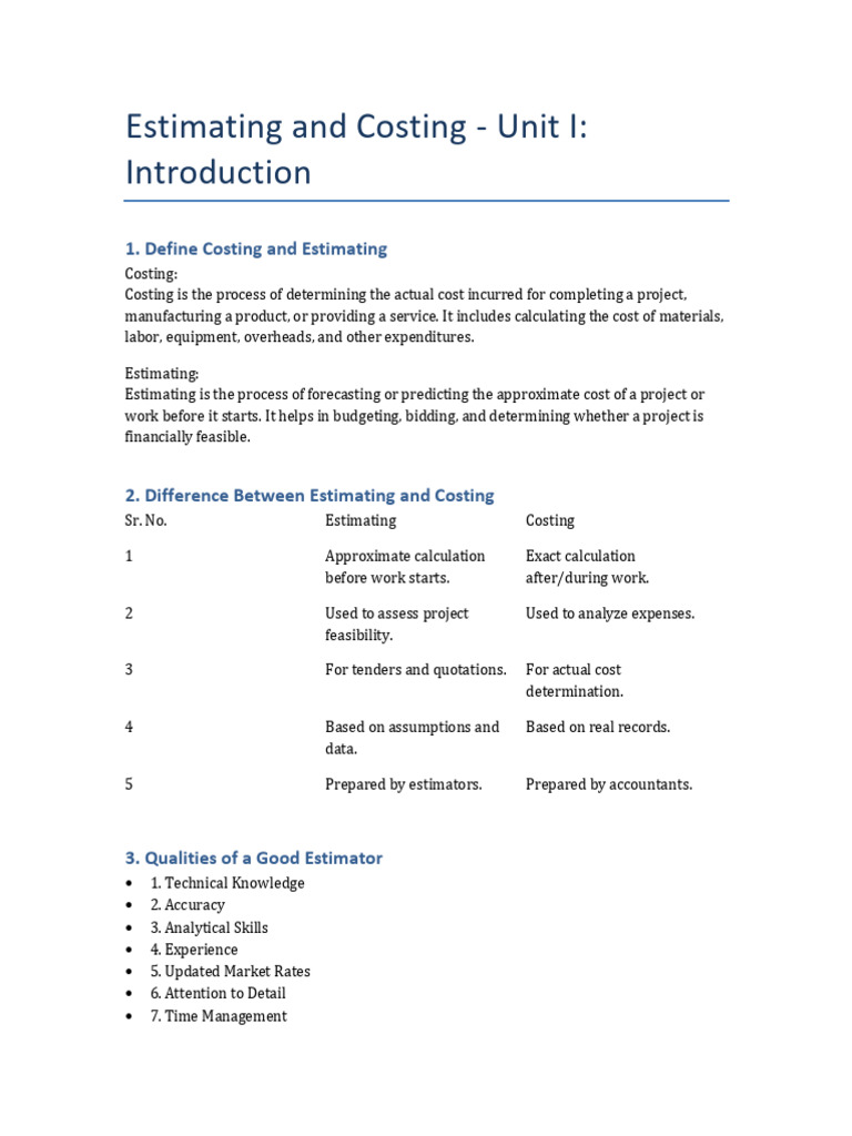 Estimating and Costing Unit I | PDF