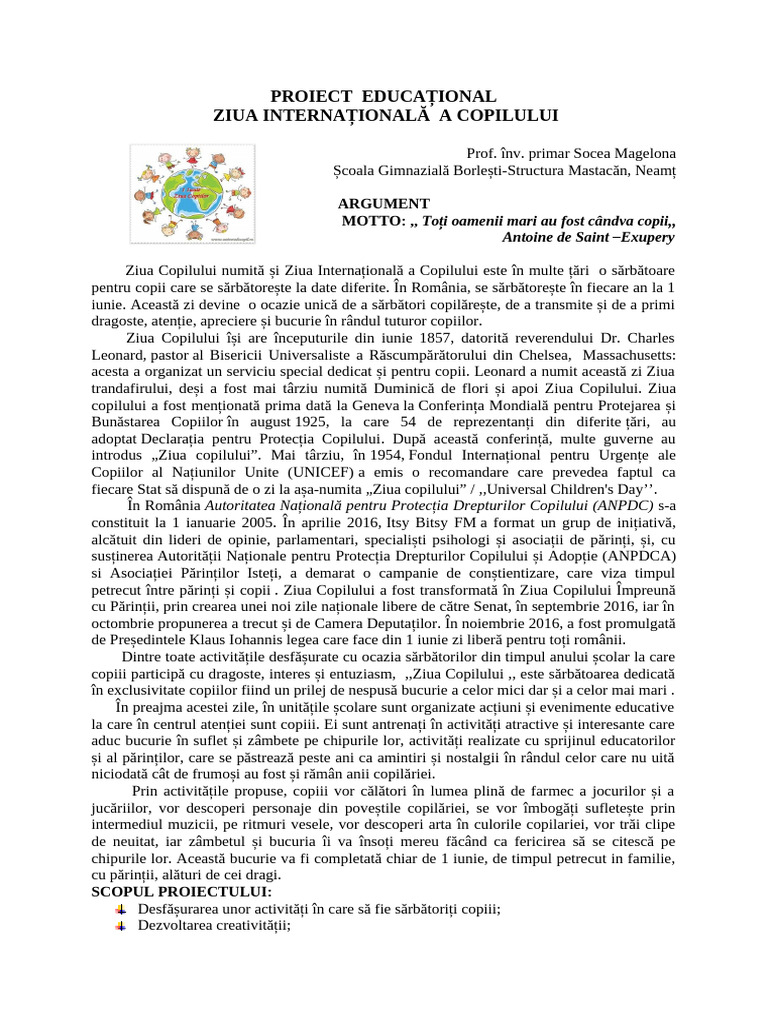 Proiect Educational - Docx 1 Iunie | PDF