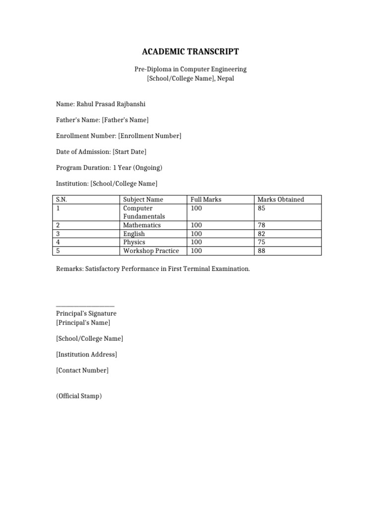 Transcript PreDiploma Computer Engineering | PDF