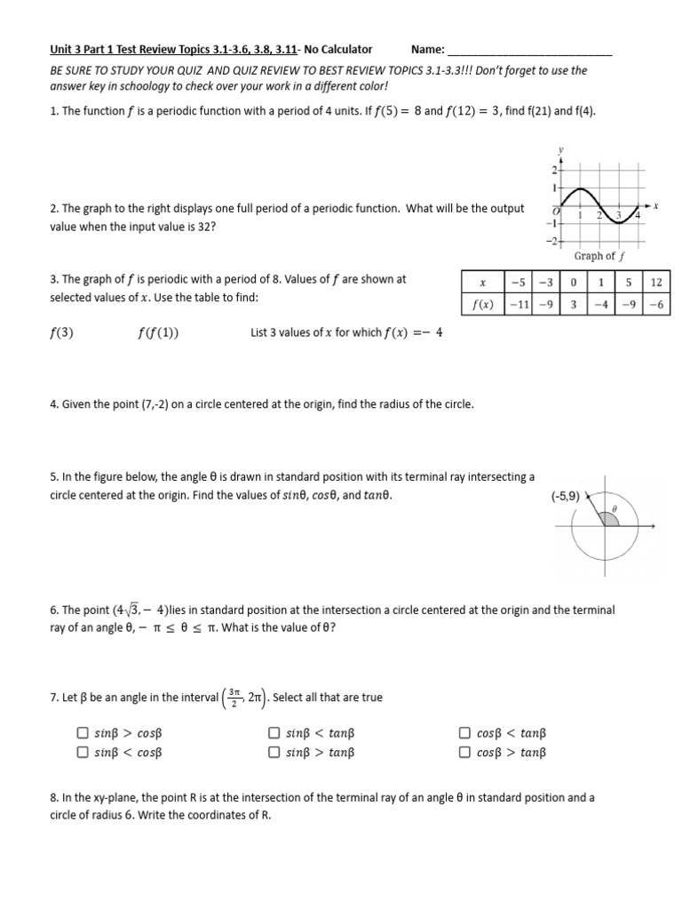 Unit+3+Part+1+Test+Review | PDF | Trigonometric Functions | Angle