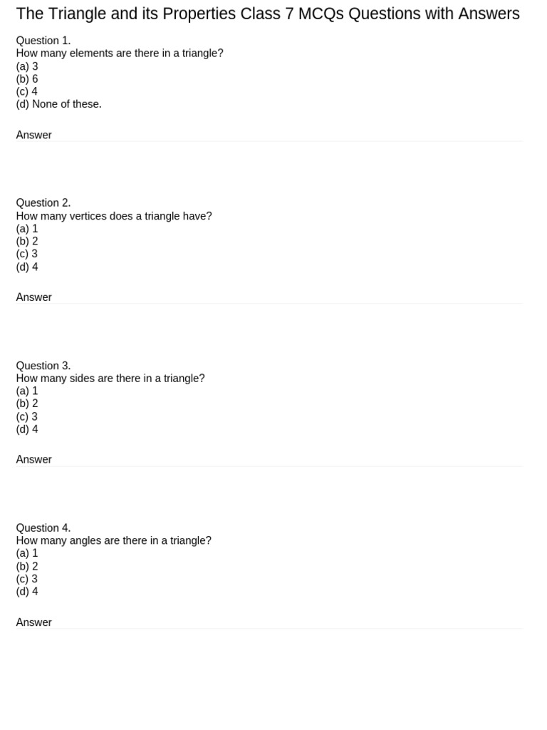 Class 7 Triangle Properties MCQs | PDF | Triangle | Elementary Mathematics