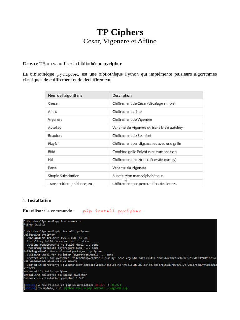 Chiffrement avec Python : César et Vigenère | PDF