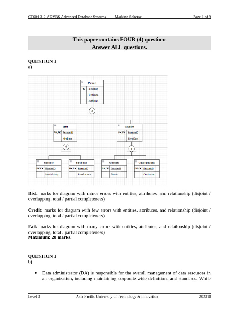 Advanced Database Systems Marking Scheme | PDF | Databases | Database ...