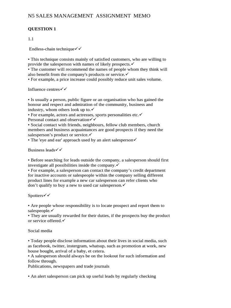 N5 Sales Management Assignment Memo | PDF | Sales