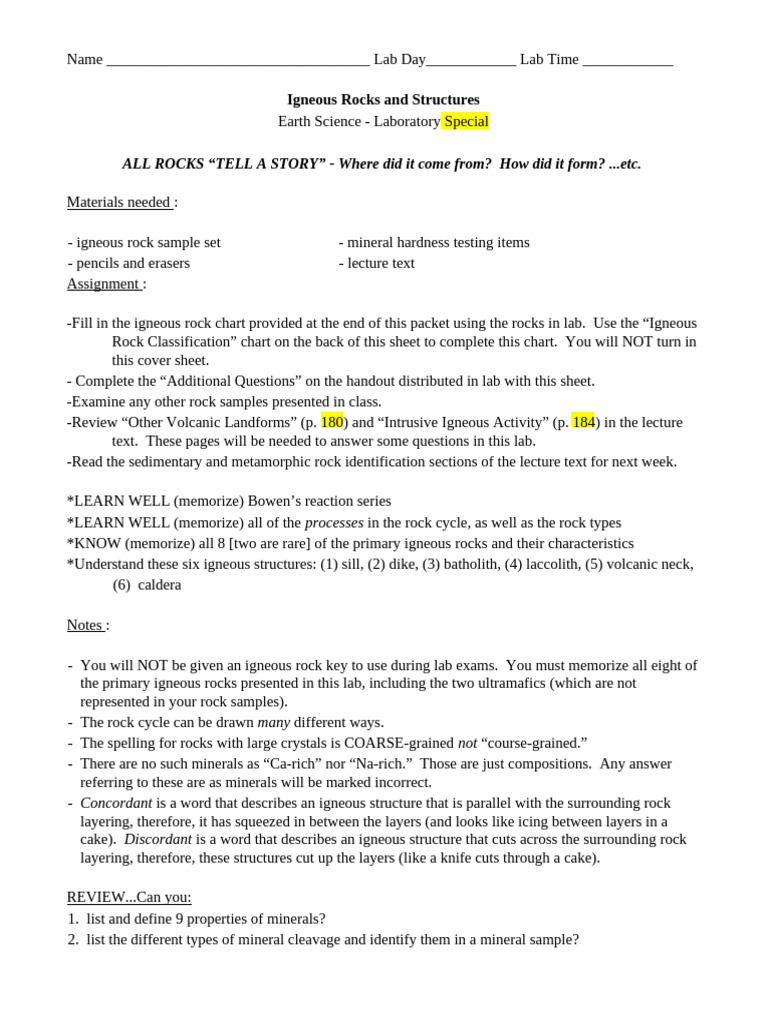 Igneous Rocks Lab Assignment Guide | PDF | Igneous Rock | Rock (Geology)