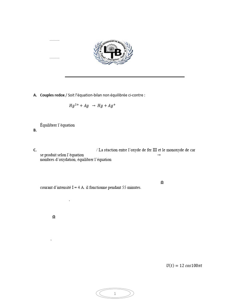 Épreuve de Sciences Physiques : Chimie et Physique | PDF | Réaction d ...