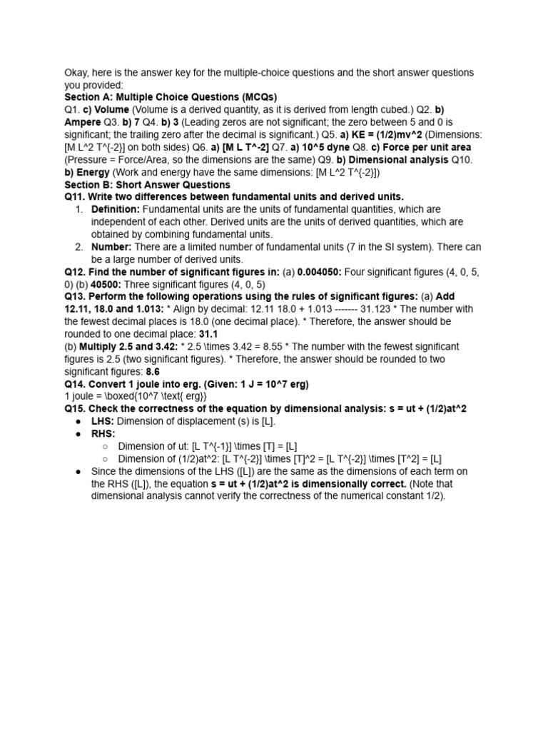 MCQ Answer Key on Units and Analysis | PDF