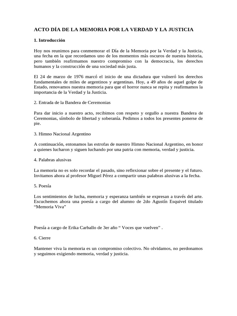 ACTO DÍA DE LA MEMORIA POR LA VERDAD Y LA JUSTICIA | PDF | Justicia ...