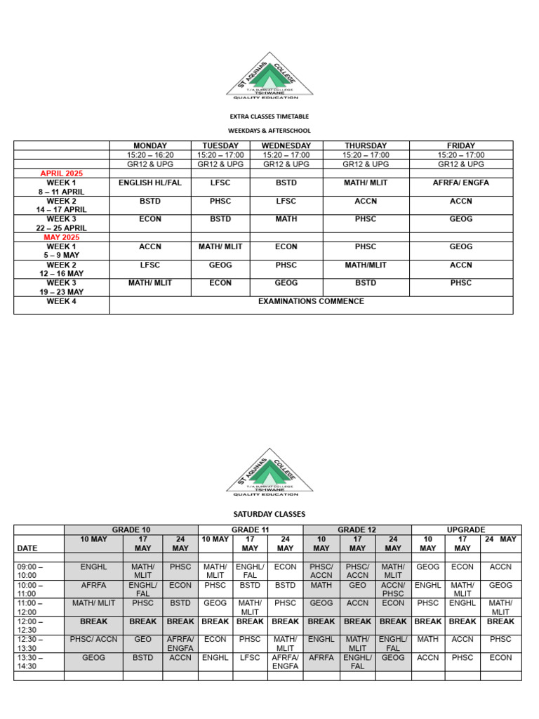 Weekdays and Saturday Classes | PDF | Workweek And Weekend