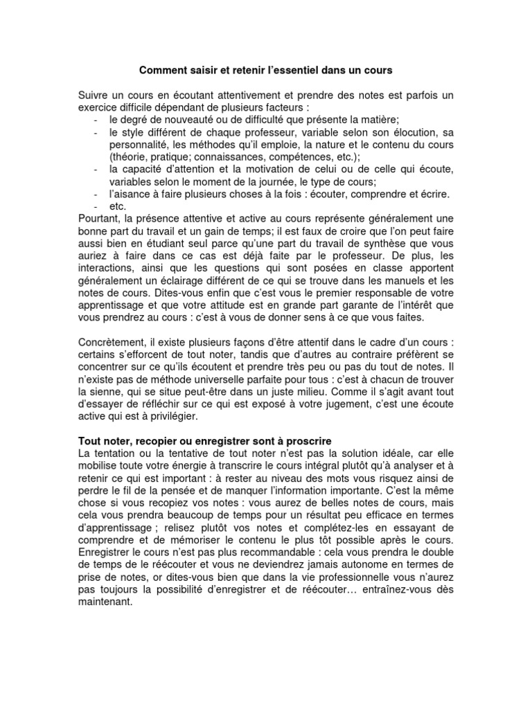 Retenir l'essentiel en cours | PDF