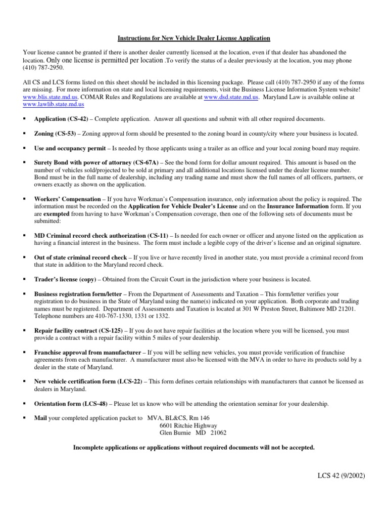 Maryland Car Dealer License Application Surety Bond Car Dealership