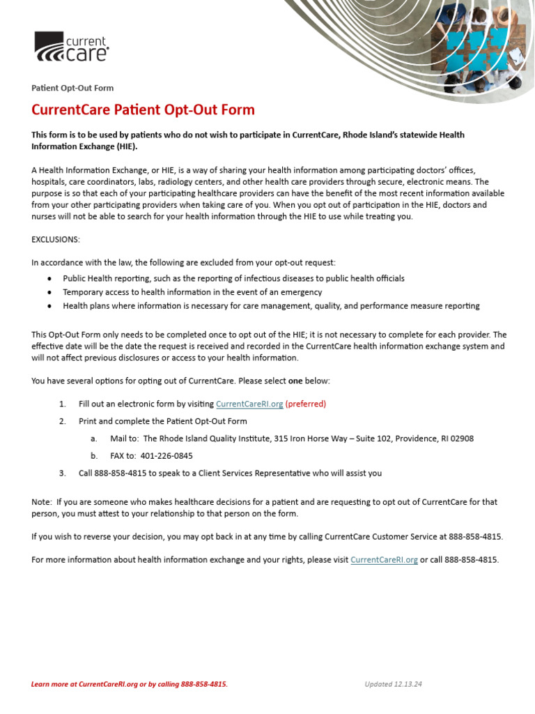 CurrentCare Patient Opt-Out Form | PDF | Health Economics | Medicine