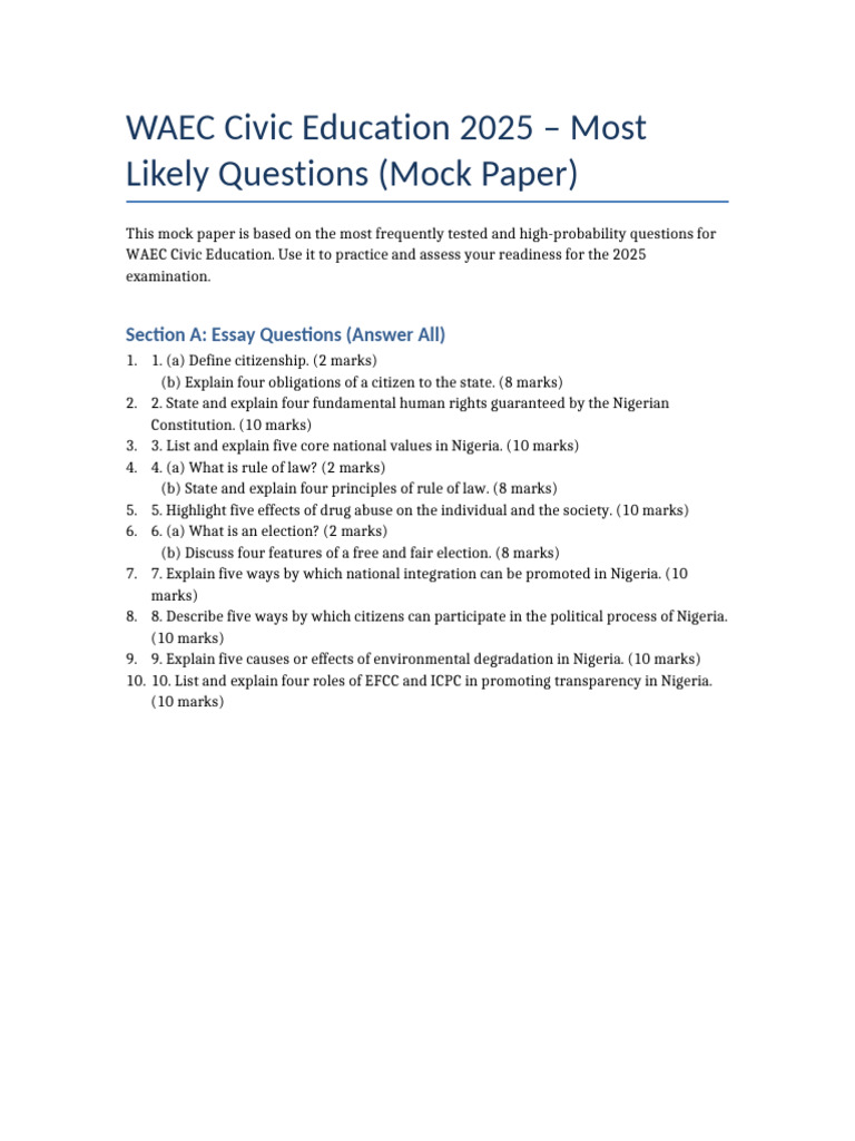 WAEC Civic Education Mock Questions | PDF