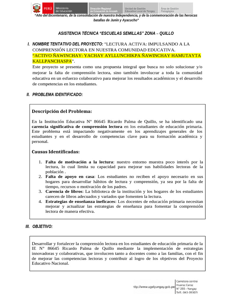 Mejora de Comprensión Lectora en Quillo | PDF | Enseñando | Comprensión ...