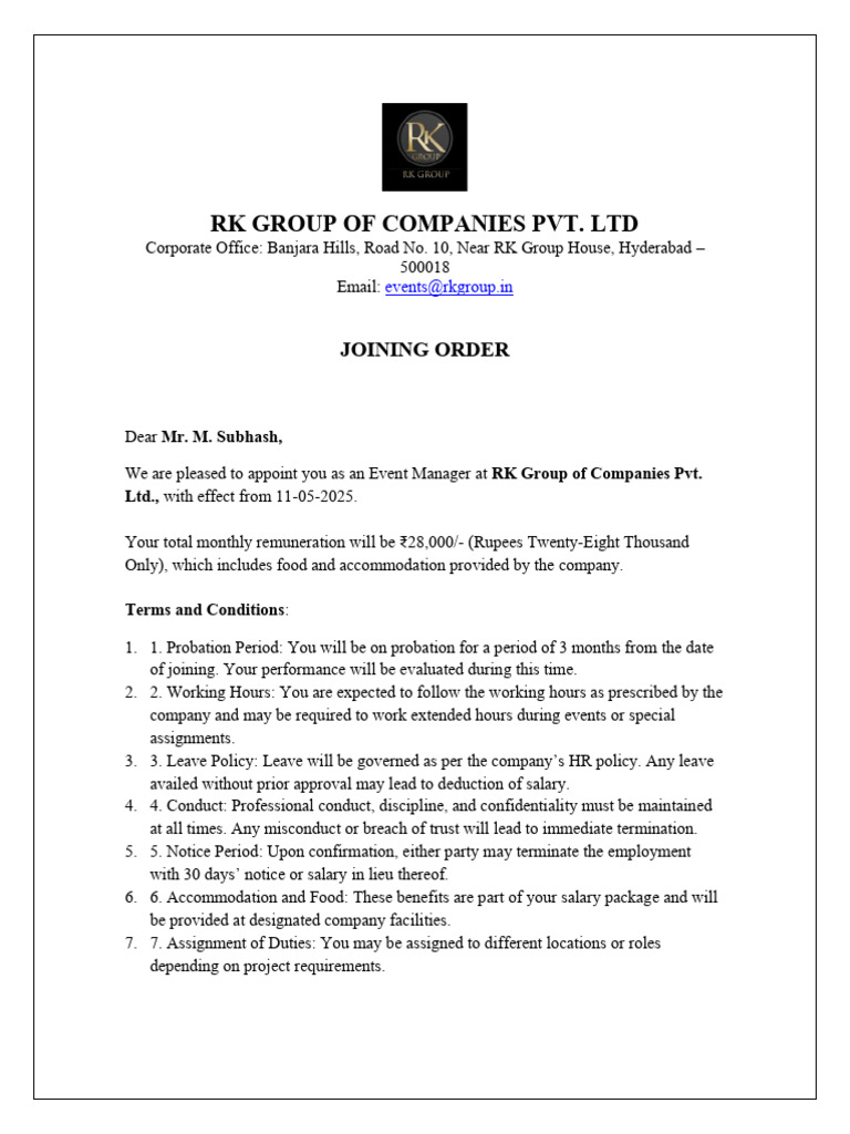Event Manager Joining Order at RK Group | PDF