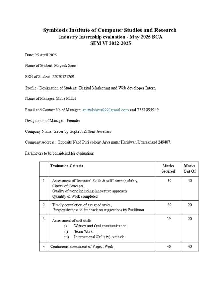 BCA Internship Evaluation Report 2025 | PDF