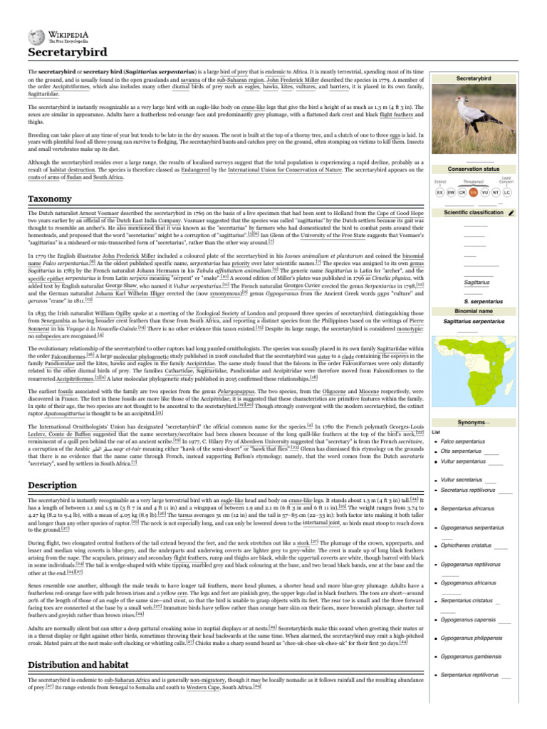 Secretarybird: Habitat and Characteristics | PDF | Birds | Zoology