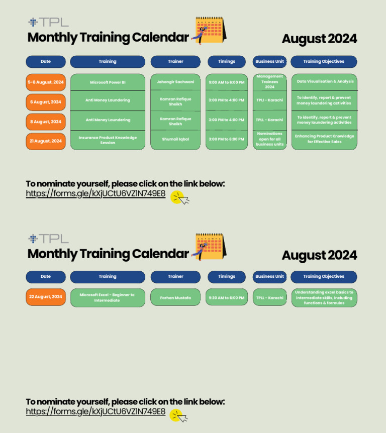 Training Calendar - August 2024 | PDF