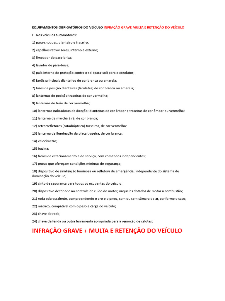 Equipamentos Obrigatórios de Veículos | PDF