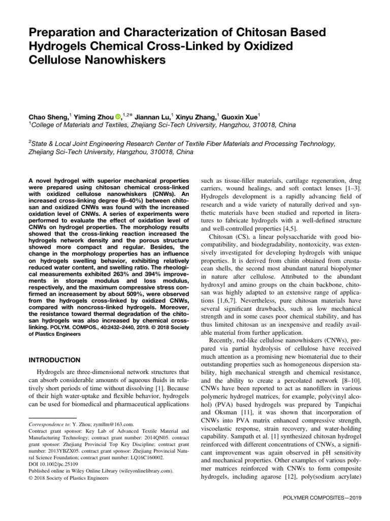 Chitosan Hydrogels Enhanced by CNWs | PDF | Cross Link | Applied And ...