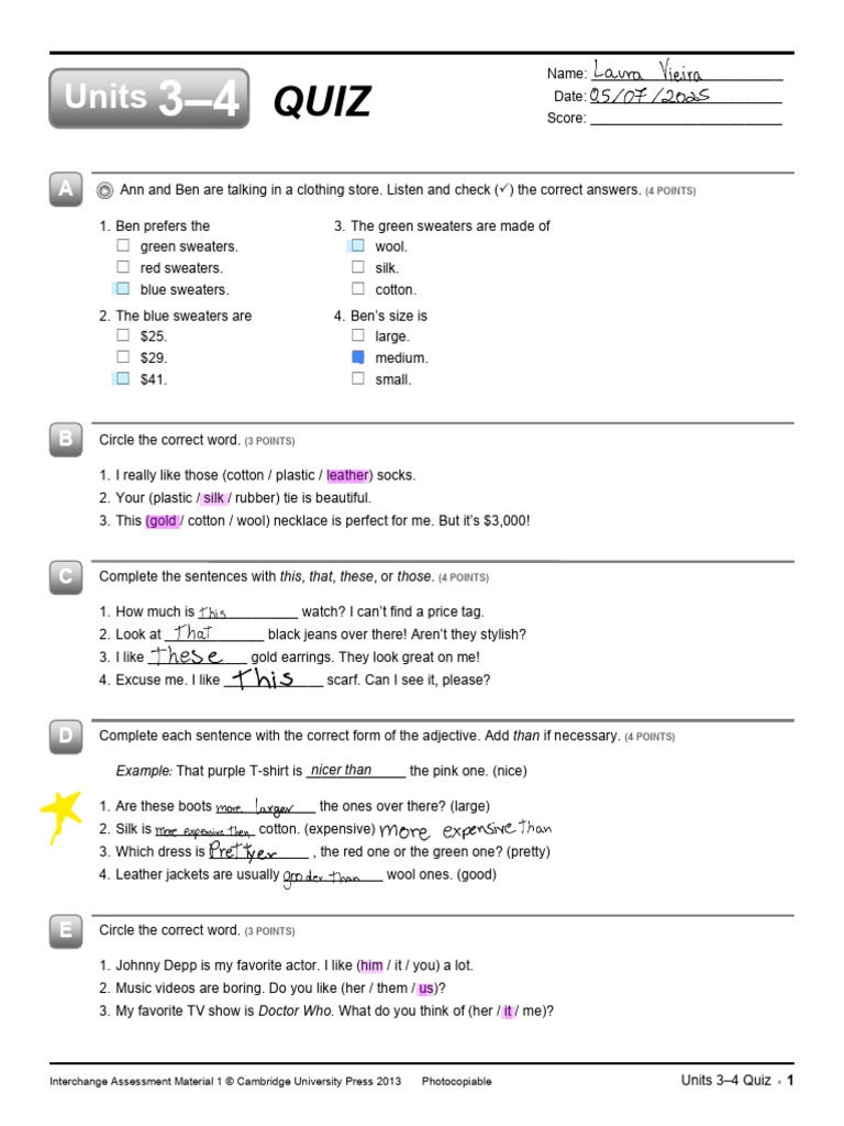 Int-1 Quiz Unit 3to4 - Cópia | PDF | Clothing | Fashion